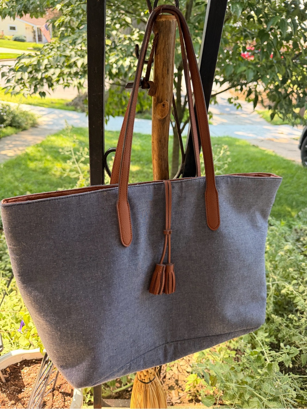 Classic Blue Tote Bag with Brown Trim - Women's Everyday Carry